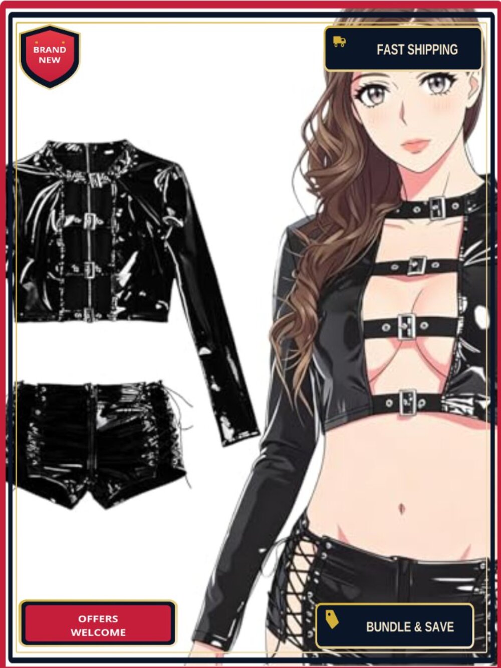 Metallic Faux Leather Crop Top Lace Up Shorts Rave Festival Cosplay Set